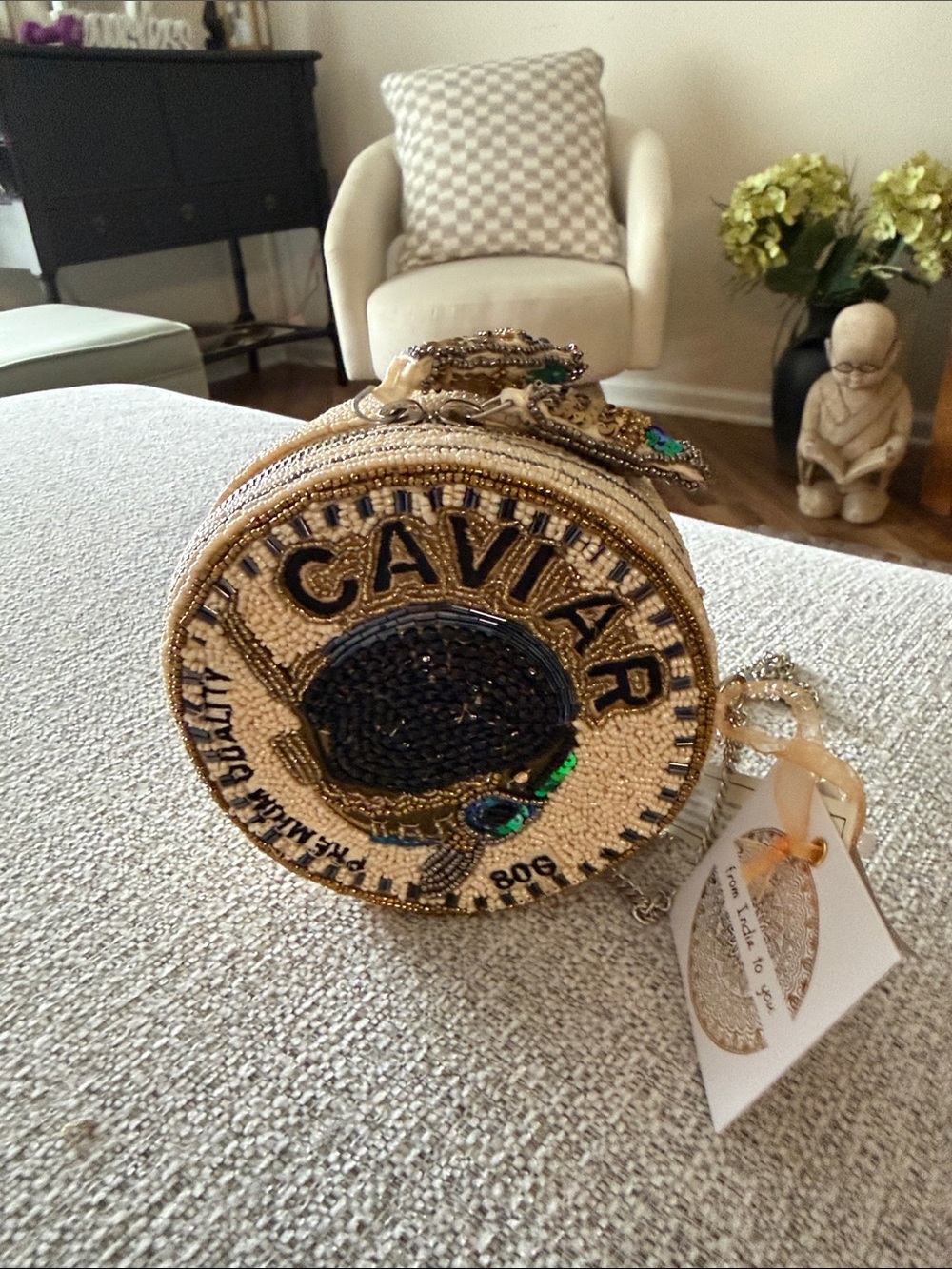 Beaded 'CAVIAR' Round Crossbody Bag in Beige and Black